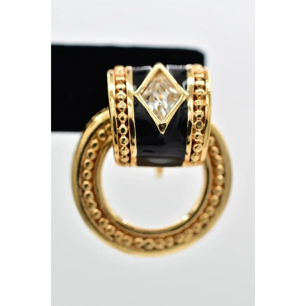 Swarovski Vintage Crystal Clip On Earrings Black Dangle Gold Swan Signed BinBK